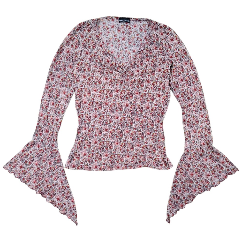 Vintage Y2K Wet Seal Flare Sleeve Top Womens M Red Paisley Mesh V-Neck 90s Boho